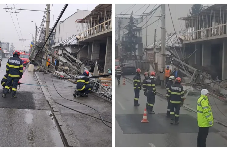 Cât de grav a fost accidentul în care o macara a căzut peste o mașină și firele de curent de pe o stradă din Cluj - VIDEO 