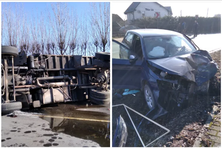 Cluj: Cum s-a produs accidentul grav în care trei persoane au fost rănite, după ce un camion s-a răsturnat pe șosea FOTO