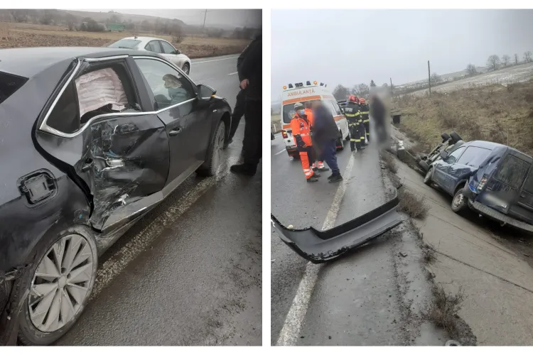 Cluj: Accident la ieșire din Huedin. Două autoturisme au ajuns într-un șanț în urma impactului 