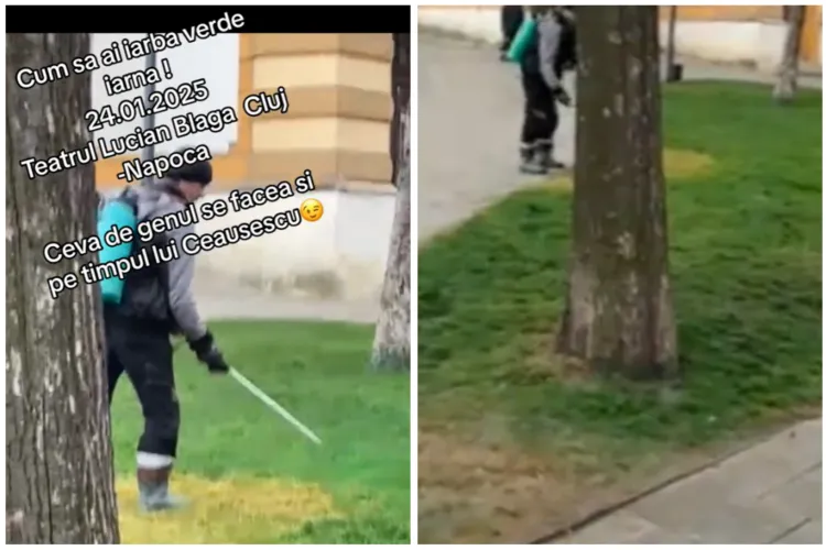 VIDEO Cum să ai gazon verde în fața Teatrului Național din Cluj de Ziua Micii Uniri, în mijlocul iernii. L-au vopsit sau l-au tratat?