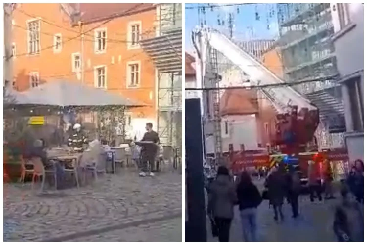 Intervenție FOARTE dificilă în Piața Muzeului din Cluj! Pompierii s-au chinuit să intervină într-un caz grav, din cauza teraselor și a cablurilor - VIDEO 