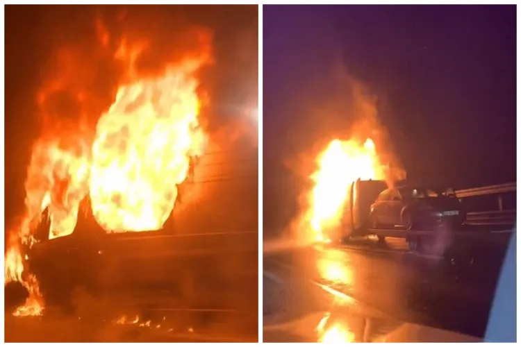 Incendiu violent pe autostrada A3, între Câmpia Turzii și Cluj-Napoca. O dubă care remorca o mașină pe platformă s-a făcut scrum VIDEO FOTO