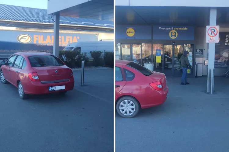 Noua modă la Cluj! Un șofer a improvizat o parcare VIP, direct în ușa unui magazin Lidl: „Mai nou se intră cu mașina în supermarket”