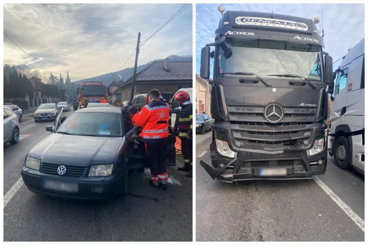 Accident între o mașină și un TIR în Cluj! Un bătrânel de 85 de ani a rămas blocat în autoturism în urma impactului - FOTO