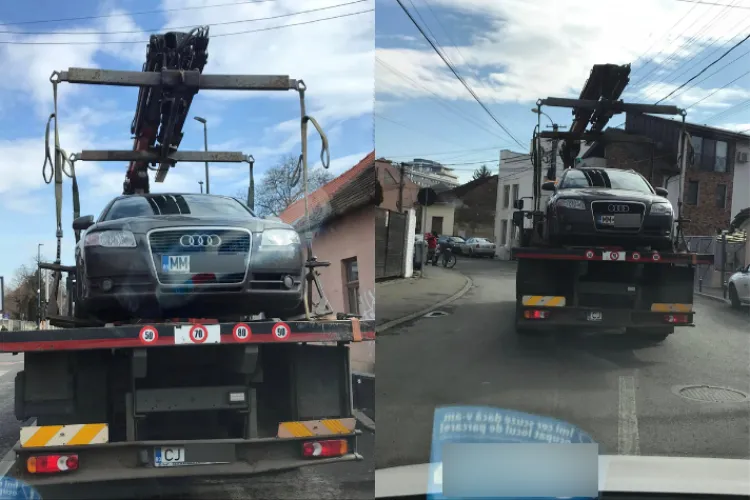 Nu contează că e Audi, tot la „garaj” ajunge. Un maramureșean a „învățat” că la Cluj nu poate parca cum vrea el