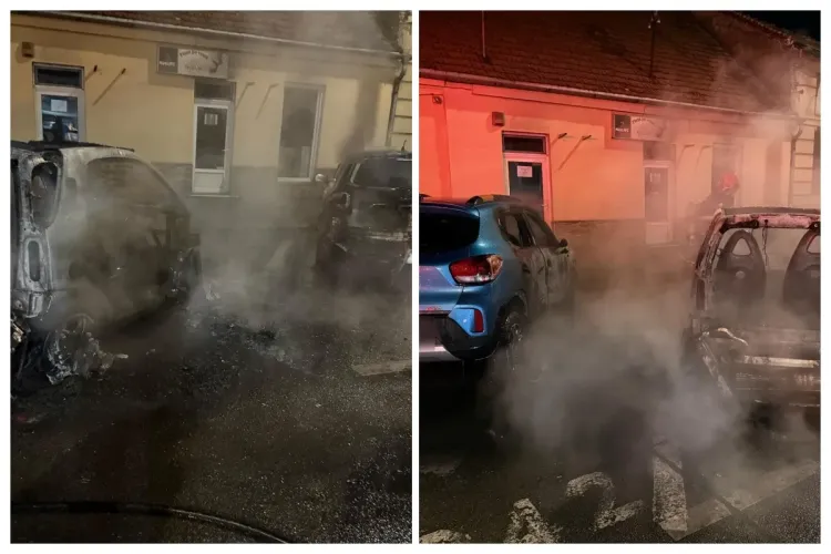Trei mașini au ars azi-noapte pe Calea Dorobanților din Cluj-Napoca. Totul a pornit de la una dintre ele care a luat foc în mers FOTO/VIDEO