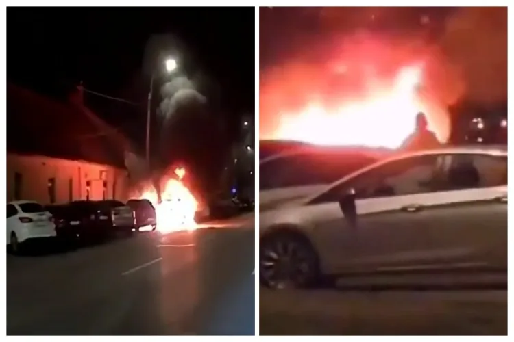 Video Momentul exploziei în care au fost incendiate trei mașini azi-noapte pe Calea Dorobanților din Cluj-Napoca- Imagini VIDEO spectaculoase