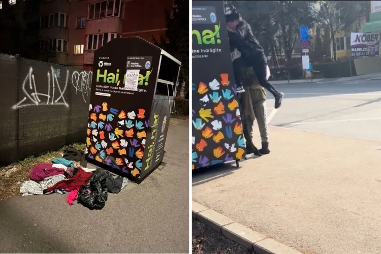 Containerele de haine din Cluj, atacate de „reciclatori”! Își folosesc copiii pe post de „cârlig”: „Vezi haine întinse și rupte peste tot” VIDEO