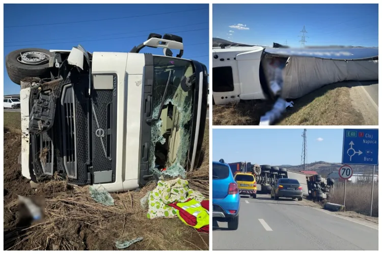 Cluj: Cum s-a produs accidentul din Florești în urma căruia un TIR s-a răsturnat: O anvelopă a EXPLODAT în mers - FOTO/VIDEO 