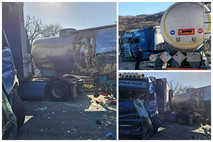 Accident pe un drum din Cluj, între două TIR-uri și o autocisternă! Un bărbat a fost rănit în urma impactului. Traficul este complet blocat - FOTO 