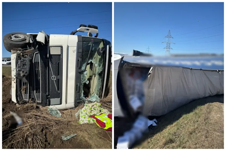 Cluj: TIR răsturnat într-un șant la ieșire din Florești! Un bărbat a fost consultat de paramedicii SMURD - FOTO/VIDEO