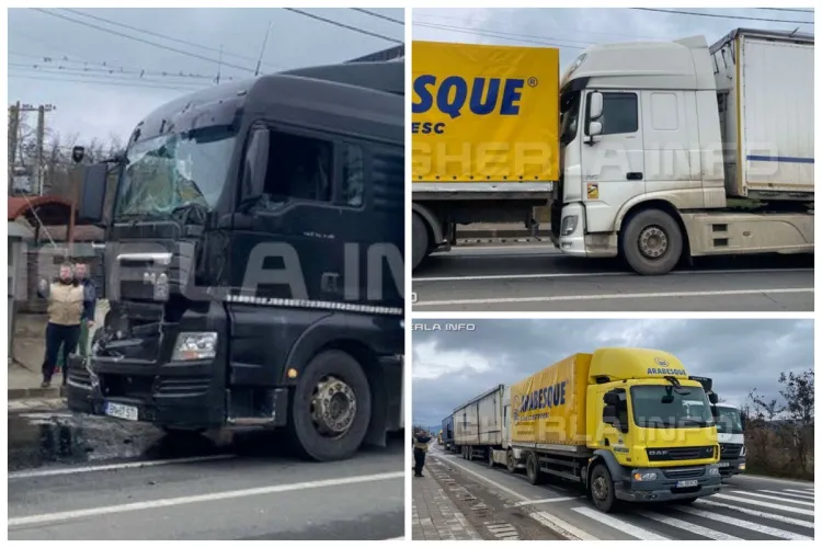 Accident în lanț pe un drum din Cluj! Trei TIR-uri s-au ciocnit, în apropierea unei treceri de pietoni FOTO VIDEO