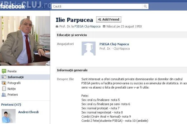 Ilie Parpucea, profesorul care negocia sex contra note, are pagina de Facebook! VEZI ce mesaje a primit