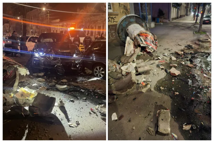 Accident violent pe Calea Dorobanților, în Cluj: Șoferul unui BMW X6 a „plonjat” pe trotuar și a intrat frontal într-un stâlp publicitar din beton VIDEO