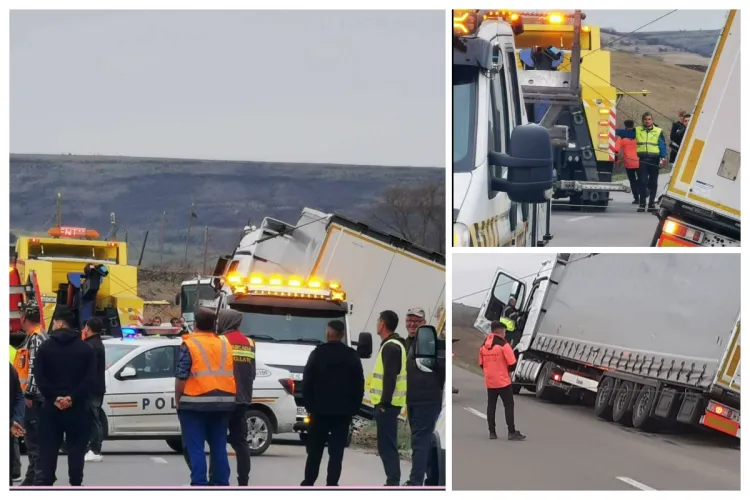 Accident în Cluj: Un TIR a ajuns într-un șanț de pe marginea drumului și a fost la un pas să se răstoarne. A fost „extras” cu utilaje speciale FOTO