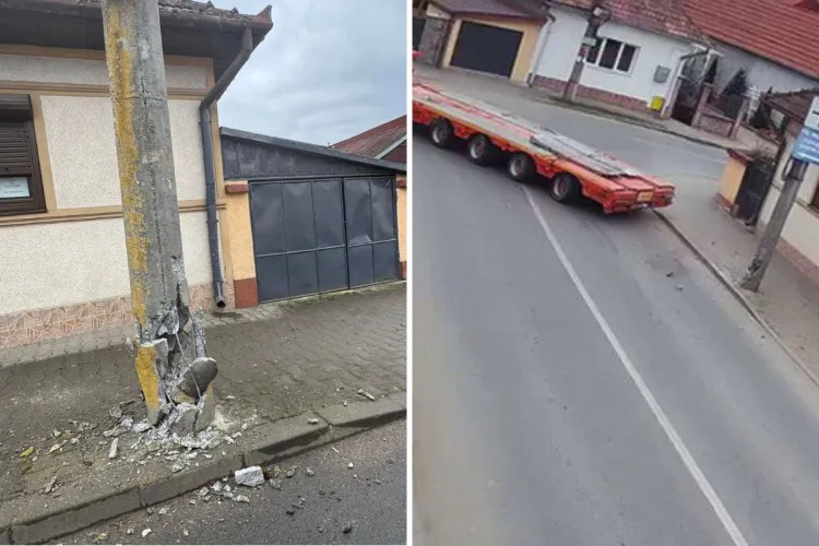 Dezastru într-o intersecție din Cluj! Un TIR și-a înfipt platforma într-un stâlp de iluminat / Era cât pe ce să-l doboare FOTO/VIDEO