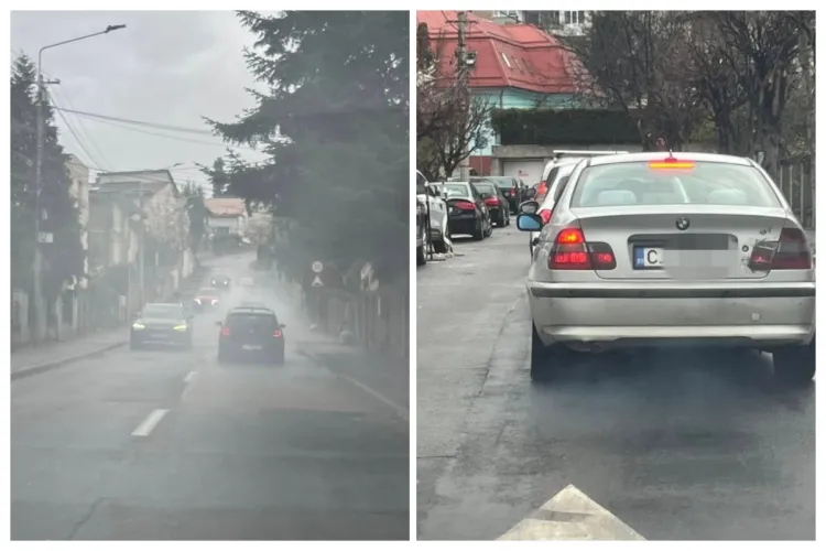 BMW „fumigenă” prin Cluj, a „vopsit” mașinile din trafic: „Doar în talon mai e albă. În realitate e cam...gri”/ E pe ulei schimbat de la  McDonald's”
