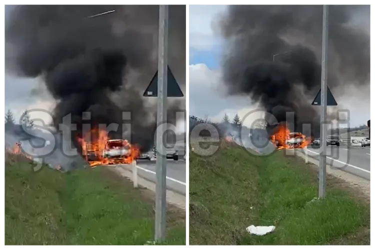 Incendiu violent în Cluj! O mașină a fost cuprinsă de flăcări la intrare în Vâlcele / Pompierii clujeni au intervenit de urgență VIDEO