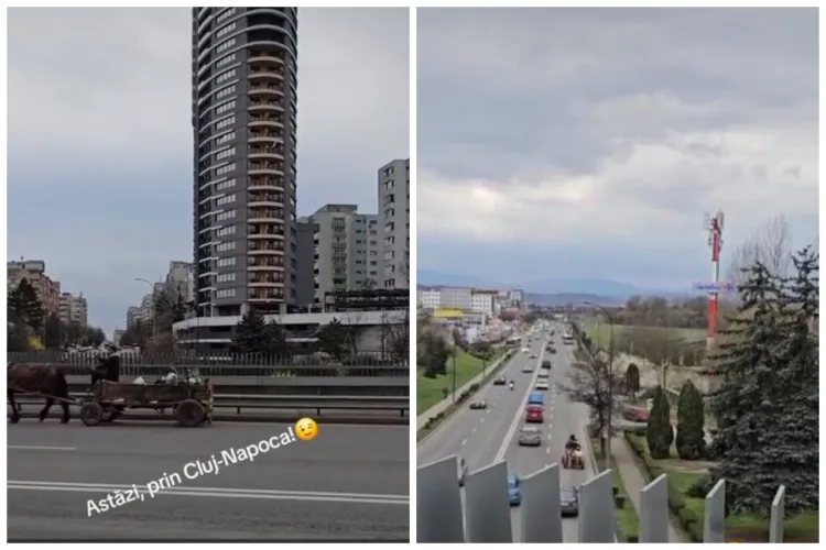 VIDEO Cu căruța pe cel mai aglomerat drum din România, Cluj-Florești: „Se ducea de la zgârie-nori la mall”