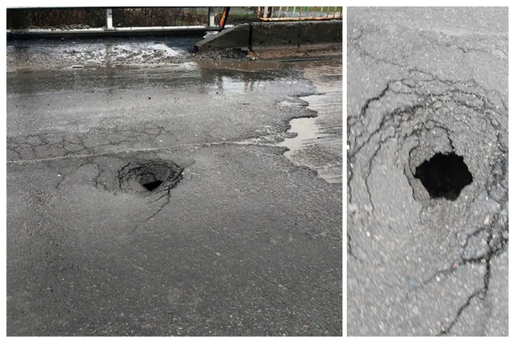 Gaură uriașă într-un pod din Dej, care arată ca după bombardament. Șoferii clujeni sunt îngroziți când trec prin zonă 