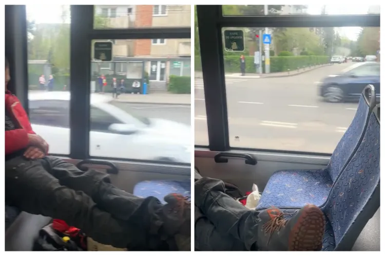 VIDEO Nesimțire mare în autobuzele din Cluj: S-a urcat cu bocancii pe scaune! „Nu ne mai civilizăm. Poate în altă viață, că în asta n-avem șanse” 