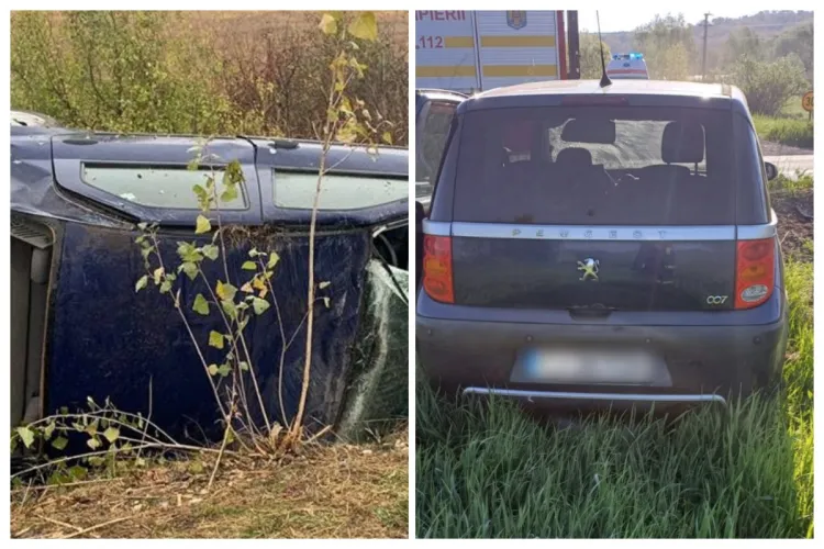 Accident în această dimineață în Cluj: Un tânăr s-a răsturnat dramatic cu mașina în afara drumului. A fost transportat de urgență la spital FOTO