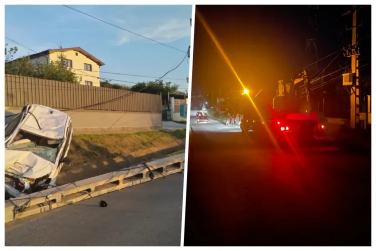 Locuitorii din Apahida, fără curent după un accident dramatic din seara asta, în care doi tineri au intrat cu mașina într-un stâlp și l-au dărâmat FOTO