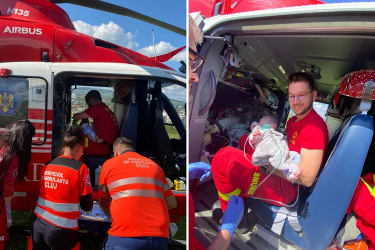 Un nou-născut și un bebeluș de 7 luni, salvați cu elicopterele SMURD și transportați de urgență la Cluj! Au primit o nouă șansă la viață FOTO