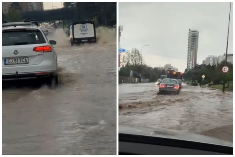 Inundații în Cluj-Napoca: Carosabilul de pe Calea Florești transformat în „canal navigabil” VIDEO
