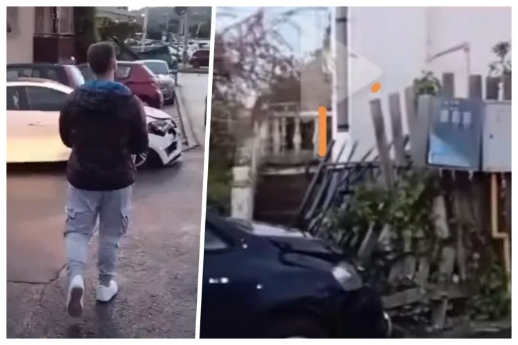VIDEO Scandal după un accident în Cluj! În urma impactului, o mașină a rupt gardul unei case și a lovit țeava de gaz: „A sărit să mă bată”
