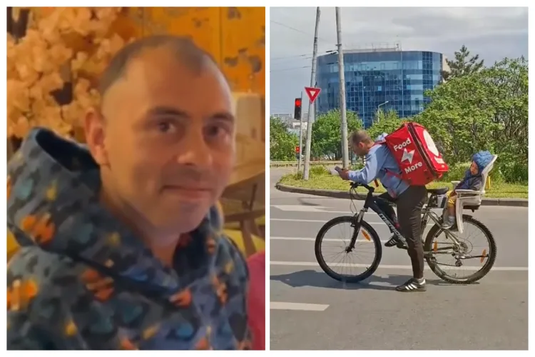 Tăticul livrator pe bicicletă, care a emoționat România ducându-și copilul cu el la muncă, a fost găsit. Pescobar i-a făcut un cadou impresionant VIDEO