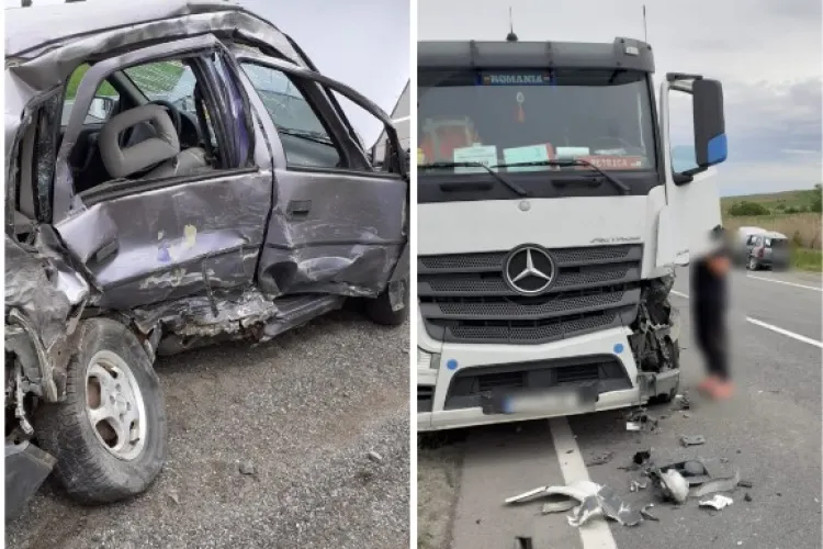 Accident grav între Cluj și Oradea: Un bărbat a fost transportat de urgență la spital în urma impactului violent dintre un TIR și o mașină! FOTO