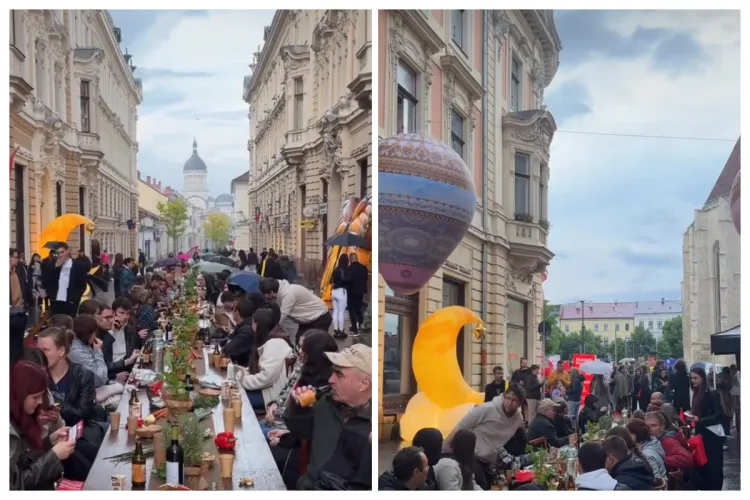 Clujenii sunt o mare familie! Ploaia nu i-a oprit să fie împreună: Încărcați cu „merinde”, s-au adunat aseară la o masă uriașă în centrul orașului VIDEO