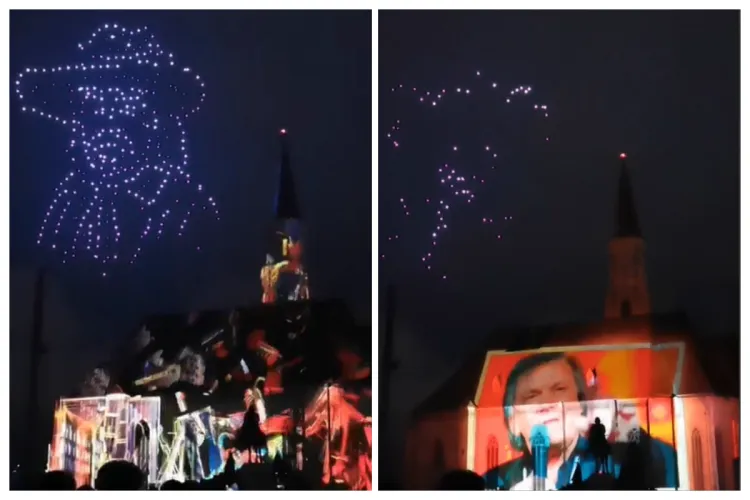 VIDEO Moment emoționant la Cluj, dedicat lui Florin Piersic, în cadrul spectacolului record național cu 400 de drone: „Clujul îți rămâne în suflet” 