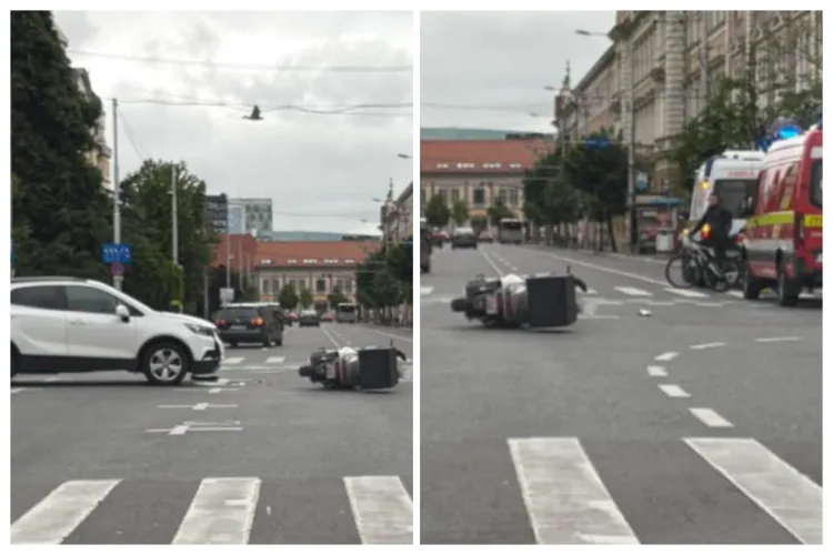 Cum s-a produs accidentul din Piața Avram Iancu din Cluj-Napoca, de astăzi, în care un motociclist a fost rănit: „Avea roșu la semafor” FOTO