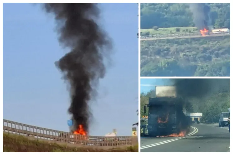 Un TIR a luat foc pe centura Vâlcele-Apahida din Cluj. Cabina e complet cuprinsă de flăcări. Focul e vizibil de la distanță. Pompierii intervin acum FOTO