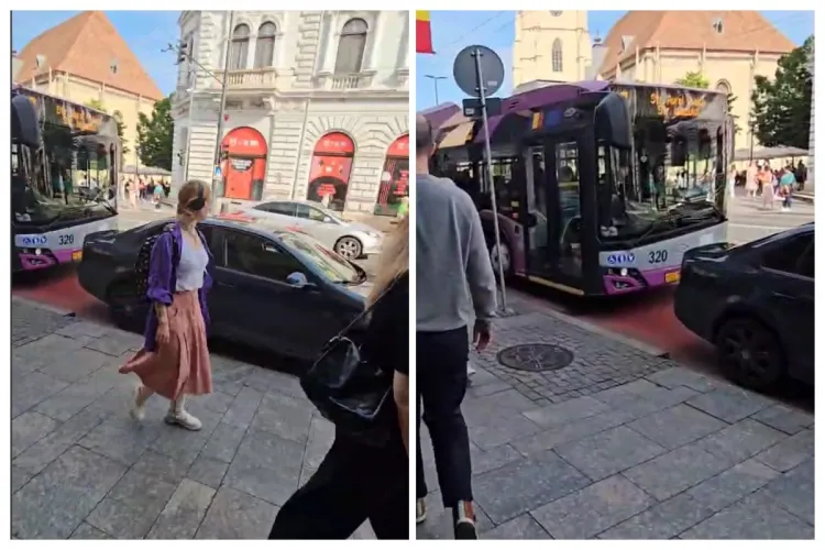 De râsul-plânsul în centrul Clujului: Troleibuze blocate zeci de minute de o mașină parcată aiurea. Șoferul a făcut și scandal la final! VIDEO