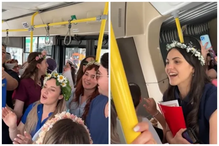 VIDEO Autobuzul veseliei la Cluj! Absolvenții UMF Cluj au continuat petrecerea cu serenade în autobuz: „Într-o zi cu voie bună, UMF-iștii s-au născut”