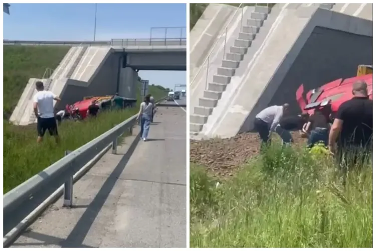 VIDEO Accident pe autostrada A3 în apropiere de Turda: Un tânăr pompier aflat în timpul liber a intervenit fără să stea  nici măcar o secundă pe gânduri