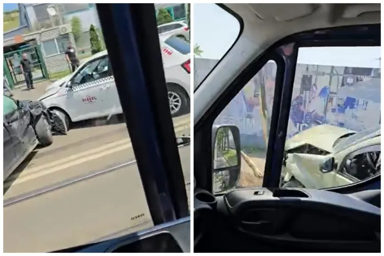 VIDEO Accident cu 3 mașini pe B-dul Muncii din Cluj-Napoca. O mașină s-a ciocnit cu un taxi de pe contrasens, iar o alta a doborât un copac!