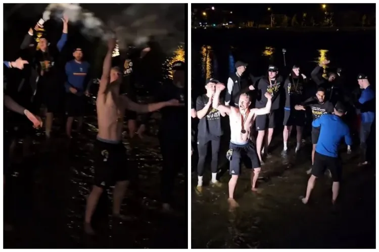 VIDEO. CAMPIONII de la U BT au ajuns la Cluj și s-au aruncat direct în Someș, la ora 2 noaptea! „Baia campionilor” la Cluj!