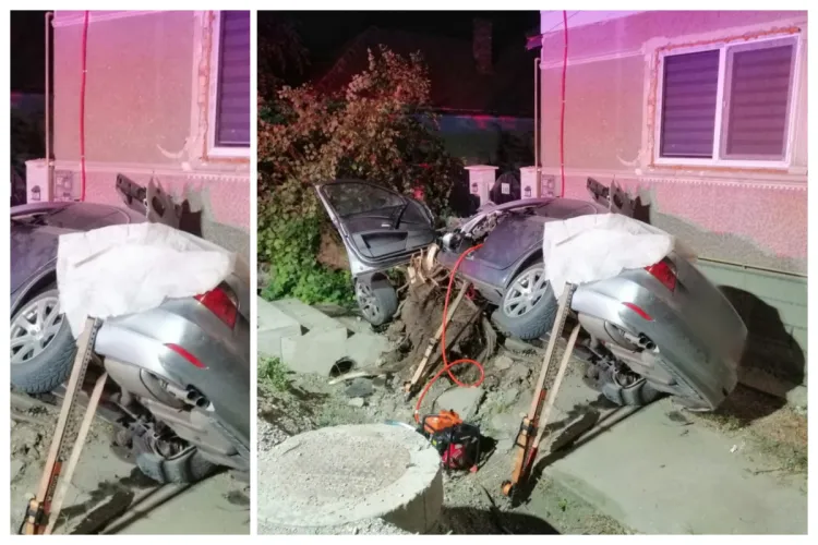 Cum s-a produs accidentul grav din Chinteni, Cluj: Șoferul a intrat într-un copac, apoi s-a răsturnat în șanț, a rămas încarcerat. E grav rănit FOTO