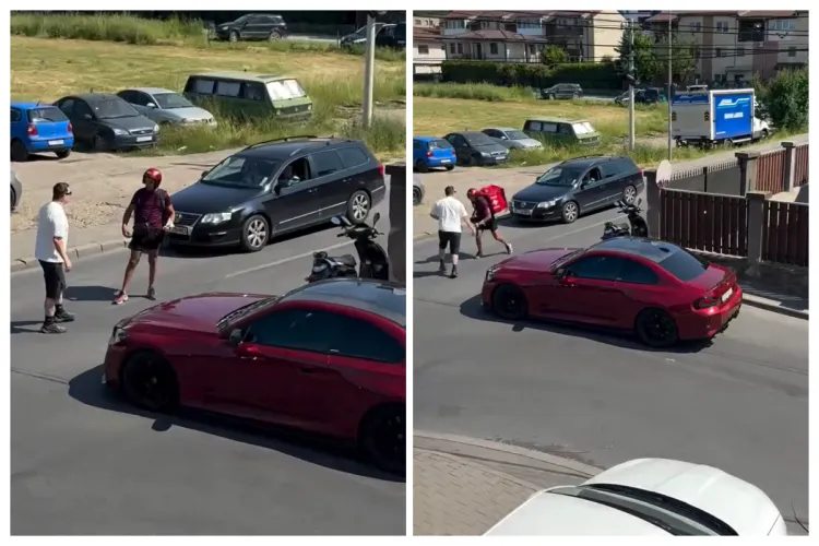 VIDEO Altercație în trafic în Cluj între șoferul unui BMW și un curier: A început cu o îmbrânceală și a continuat cu strigăte