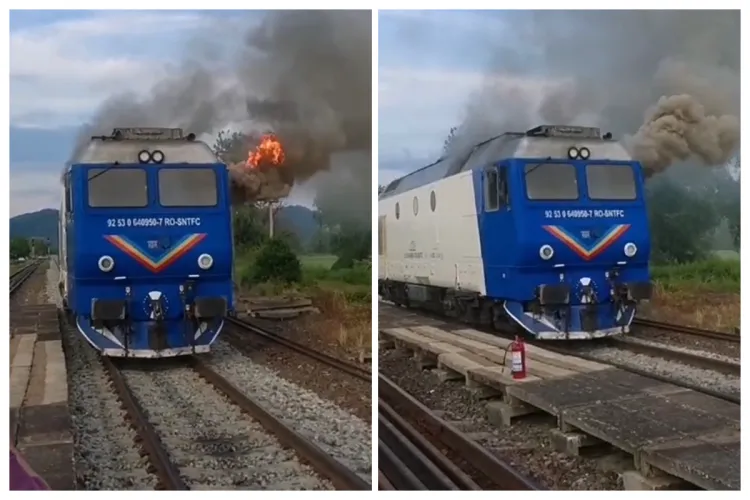 VIDEO Locomotiva trenului care venea spre Cluj de la Baia Mare a luat foc. Zeci de persoane evacuate- Imagini impresionante cu locomotiva în flăcări