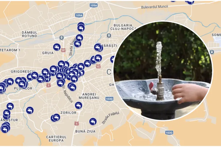 Harta cu cișmelele cu apă potabilă din Cluj-Napoca. Primăria Cluj-Napoca a amplasat peste 100 de astfel de instalații în tot orașul