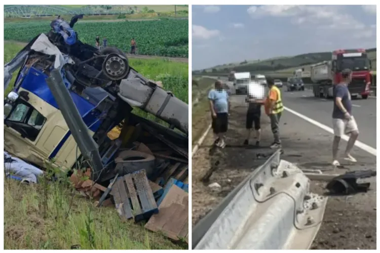 Accident pe Autostrada Transilvania A3. Un TIR a a ieșit de pe șosea, a rupt parapetul și s-a răsturnat în șanț 