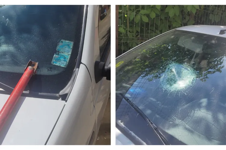  Incident tulburător în miez de noapte, în Cluj: Un șofer și-a găsit parbrizul făcut bucăți, iar lângă mașină, un obiect suspect FOTO