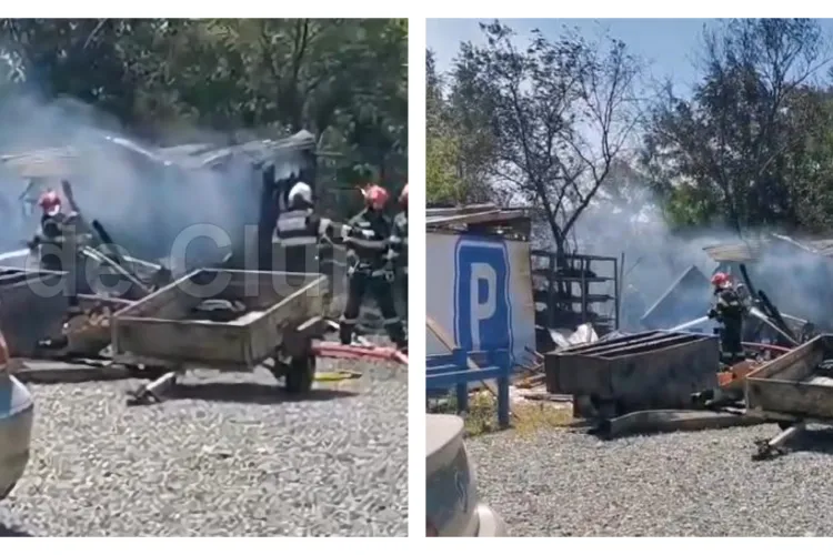 Un depozit a luat foc în apropiere de Aeroportul Cluj. Focul s-a extins la un camion și o remorcă FOTO