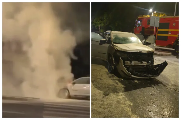 VIDEO Un Jeep a luat foc în noaptea asta pe Calea Turzii din Cluj-Napoca. Pompierii n-au putut să mai facă mare lucru. S-a cam ales praful de el