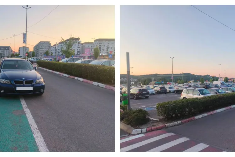 Șoferii din Cluj blochează pista de biciclete și locurile de handicap, deși parcarea e aproape goală: „Chiar sunt 5 metri în plus prea mult de mers?”